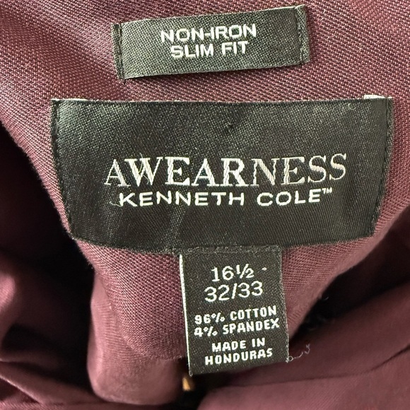Kenneth Cole AWEARNESS Non-Iron Slim Fit Mens Sz 16 1/2 32/33 Stretch in Wine - Picture 4 of 5